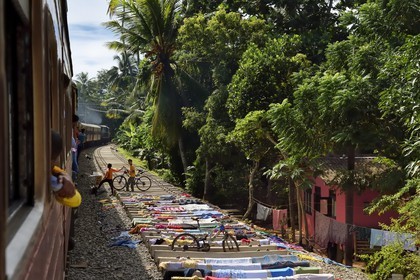 Sri Lanka, Province de l'Ouest, train de Colombo à Galle, linge sechant sur la voie ferrée en construction vers Kalutara