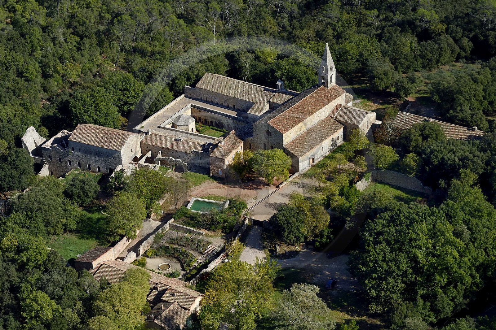 France, Var, the Thoronet cistercian abbey (aerial view)