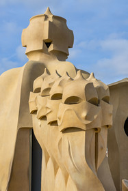 Spain, Catalonia, Barcelona, Eixample district, Passeig de Gracia, Pedrera or Casa Mila (1905-1910) by the Catalan modernist architect Antoni Gaudi, UNESCO World Heritage site, chimneys and ventilation towers on the roof terrace of the building