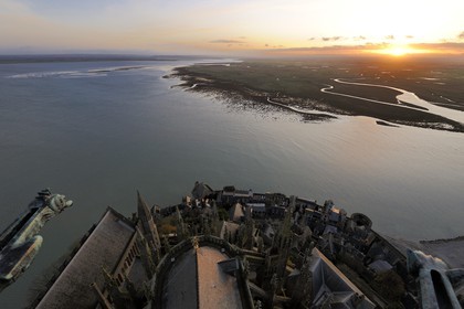 France, Manche, Mont Saint Michel, listed as World Heritage by UNESCO, Apse and the bay seen from the spire at dawn