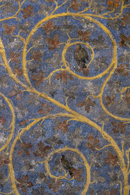 France, Vaucluse, Avignon, Palais des Papes (Palace of the Popes) listed as World heritage by UNESCO, the Tower of Angels or Pope's Tower, Pope's Room, a two-dimensional plant space made of vine and oak scrolls, dotted with birds and squirrels, adorns the walls on a sky blue background