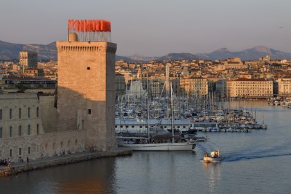 France, Bouches du Rhone, Marseille, the Vieux Port and Fort Saint Jean in the foreground
