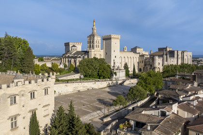 France, Vaucluse, Avignon, the Doms Cathedral and the Palais des Papes (Palace of the Popes) listed as World heritage by UNESCO, and the Palace Square (aerial view)