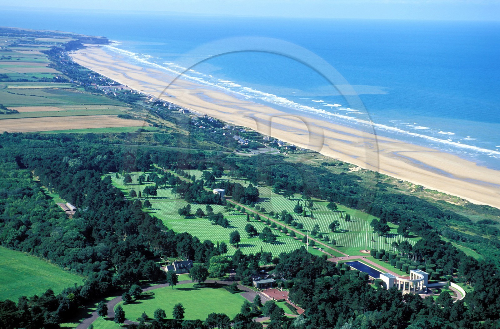 France, Calvados, Cote de Nacre, Colleville-sur-Mer, Omaha Beach, one of the beaches of the Normandy Landings during the Second World War, the American cemetery (aerial view)