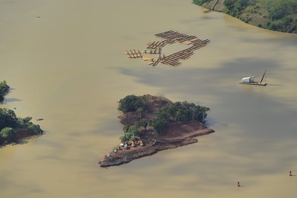 Panama, Panama Canal, the operation of dredgings are continuous because of the presence of the Chagres River which supplies with water the canal and Gatun Lake (aerial view)