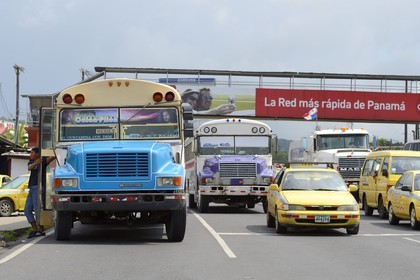Panama, Colon province, city of Colon, bus called Diablo Rojo (Red Devil) covered with garish paintings