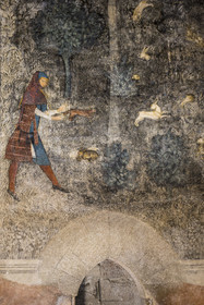 France, Vaucluse, Avignon, Palais des Papes (Palace of the Popes) classified as UNESCO World Heritage, Wardrobe Tower, the Deer's Room, the studium or study of Clement VI, which evokes in an uninterrupted panorama the lordly pleasures including various hunting and fishing techniques, hunting with a ferret