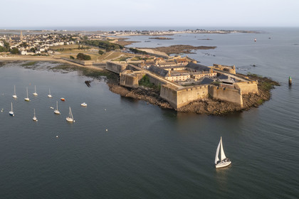 France, Morbihan, Port-Louis, Port Louis Citadel modified by Vauban, at Lorient harbour entrance, museum of the Compagnie des Indes (aerial view)