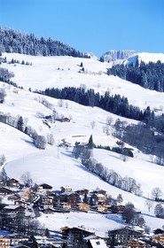 France, Haute Savoie, chalets on Jaillet slopes facing Megeve