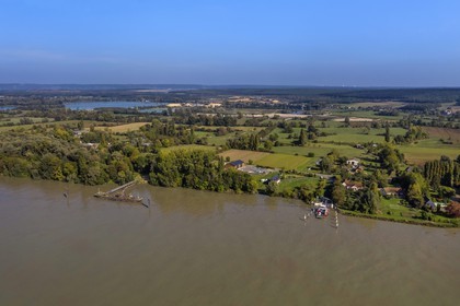 France, Seine-Maritime, Pays de Caux, Norman Seine River Meanders Regional Nature Park, the ferry crossing the Seine at Mesnil sous Jumieges, view towards Bardouville (aerial view)