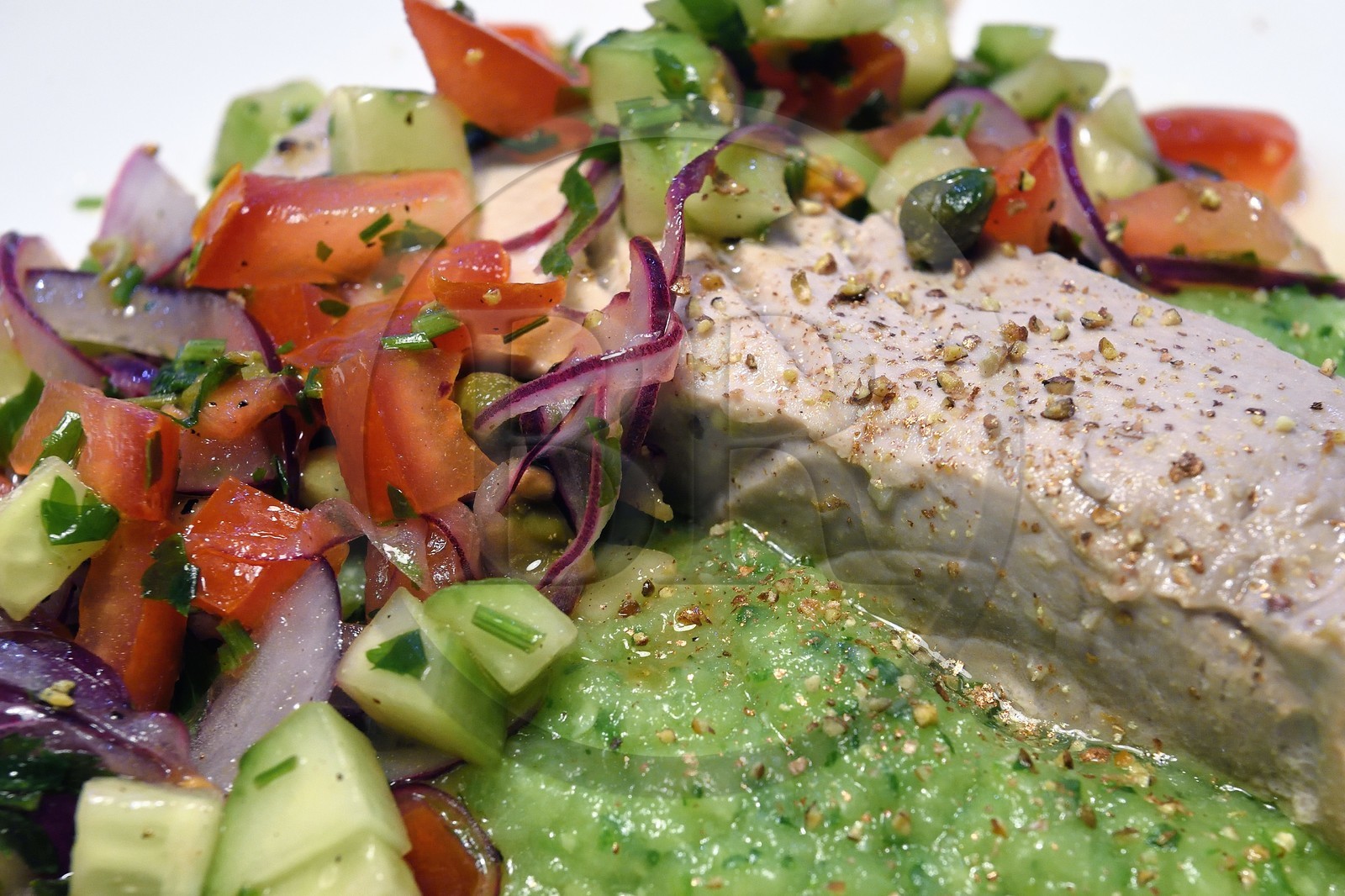 France, Mild steamed back of tuna virgin sauce with lime citrus fruit and zucchini mousseline with lime citrus fruit