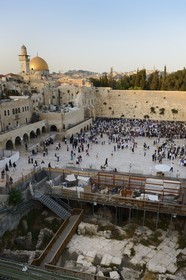 Israel, Jerusalem, holy city, the old town listed as World Heritage by UNESCO, the Western Wall part of the retaining walls of the Temple Mount built by Herod the Great and the Dome of the Rock on Haram al-Sharif in the background