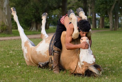 Argentine, province de Buenos Aires, San Antonio de Areco, estancia La Bamba de Areco, demonstration du savoir-faire d'un cavalier amerindien avec son cheval, le baiser au cheval