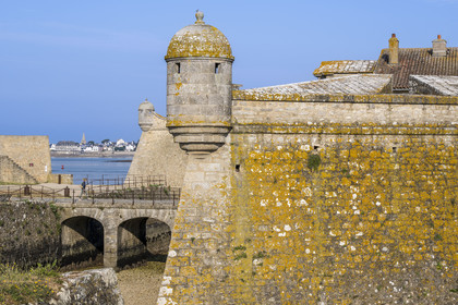France, Morbihan, Port-Louis, Port Louis Citadel modified by Vauban, at Lorient harbour entrance, museum of the Compagnie des Indes, watchtowers around the first entrance door, Larmor-Plage in the background
