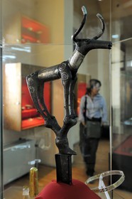 Turkey, Central Anatolia, Ankara, Anadolu Medeniyetleri Muzesi (Museum of Anatolian Civilizations), standard found in the Alaca Hoyuk Royal tombs of the Old Bronze Age (3000-2000 BC) with a bovid