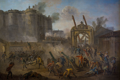 France, Paris (75), quartier du Marais, Musée Carnavalet, tableau (détail) de la Prise de la Bastille le 14 juillet 1789 peint par Jean-Baptiste Lallemand vers 1789