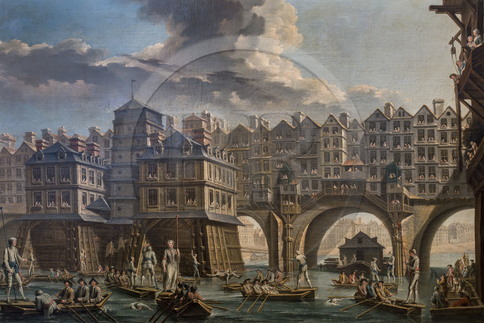 France, Paris (75), quartier du Marais, Musée Carnavalet, tableau de La Joute des mariniers entre le Pont Notre-Dame et le Pont au Change à Paris par Nicolas-Jean-Baptiste Raguenet (1756) (détail)