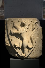 Israel, Jerusalem, Guivat Ram quarter, Israel Museum, department of archeology, relief depicting a standing lion, coat of arms of the Lusignans, king of Cyprus and Jerusalem, Acre, 1258