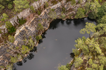 France, Cotes d'Armor, Erquy, the Blue Lakes, remains of ancient pink sandstone quarries, on the GR 34 hiking trail or customs trail (aerial view)