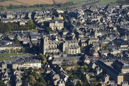 France, Manche, Avranches, Notre-Dame-des-Champs church and the castle in the background (aerial view)
