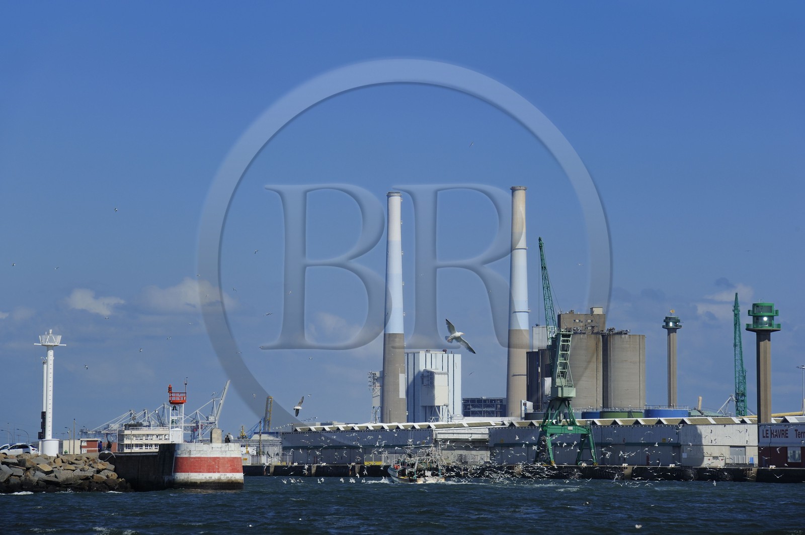 France, Seine-Maritime (76), Le Havre, bateau de pêche entrant au port suivi par une nuée de goélands