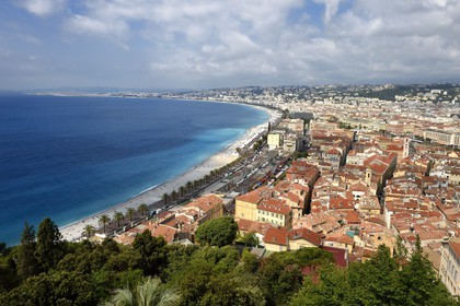 France, Alpes-Maritimes, Nice, the Baie des Anges, the Old Town and the Promenade des Anglais on the seafront