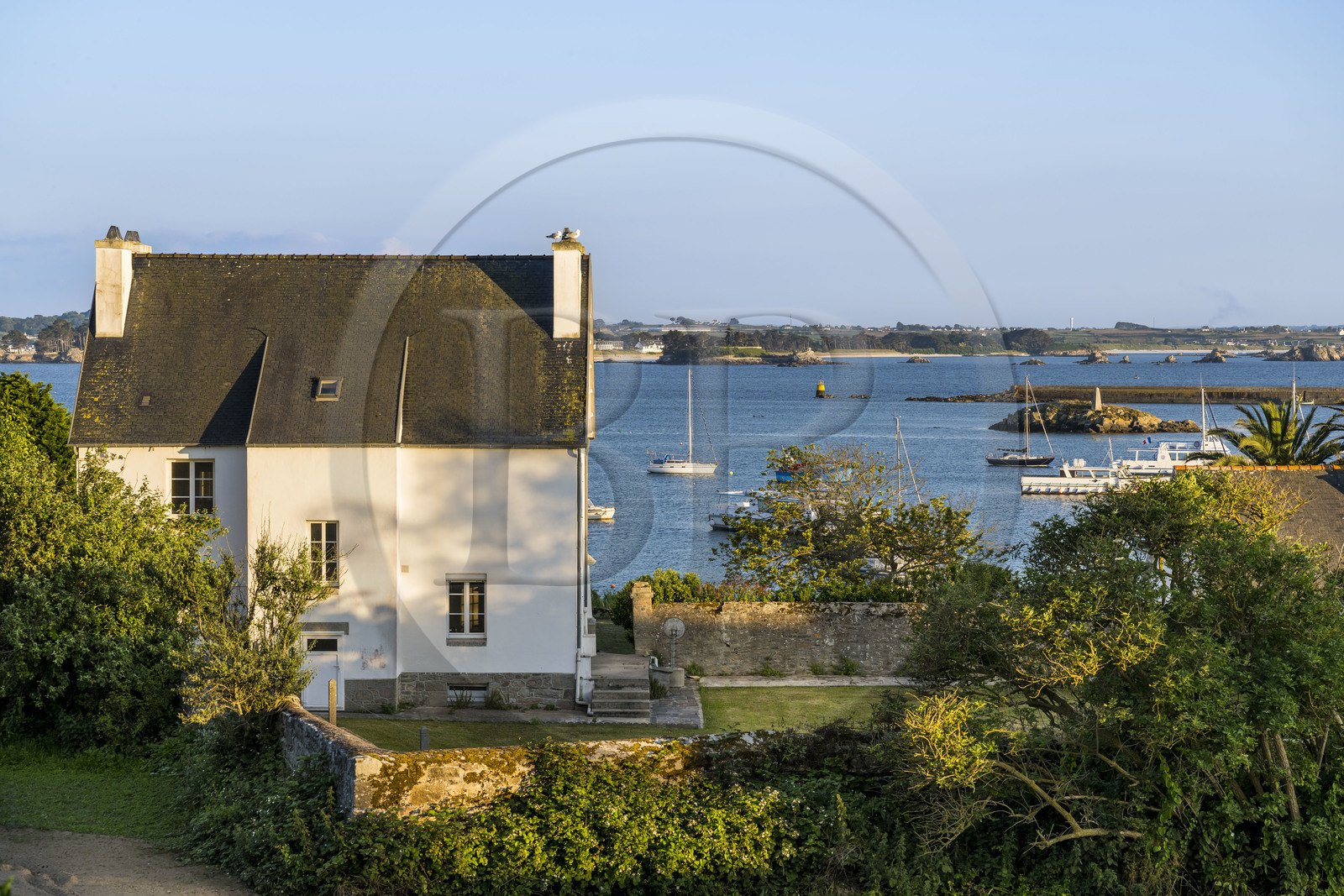 France, Finistère (29), Iles du Ponant, Ile de Batz, maison en bordure de la grève de Kernok