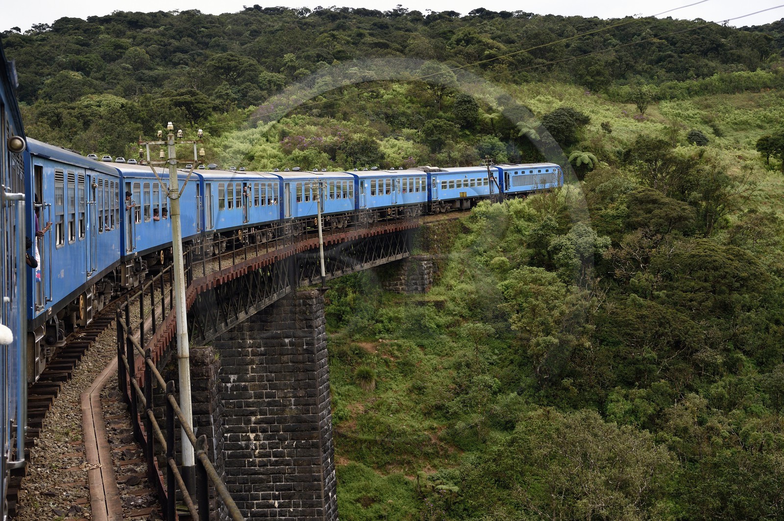 Sri Lanka, Province du Centre, trajet en train dans la région montagneuse de la culture du thé entre Hatton et Ella, franchissement d'un pont après Perakumpura Sub
