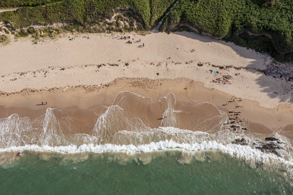 France, Cotes d'Armor, Grand Site de France Cap d'Erquy - Cap Frehel, Erquy, Portuais beach (aerial view)