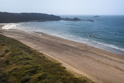 France, Cotes d'Armor, Grand Site de France Cap d'Erquy - Cap Frehel, Frehel, Sables-d’Or-les-Pins beach (aerial view)