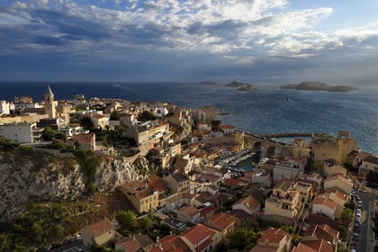 France, Bouches du Rhone, Marseille, Endoume district, Vallon des Auffes, the Frioul archipelago with the Chateau d'If (If castle) in the background