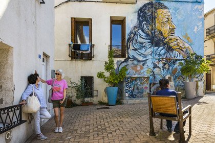 France, Hérault (34), Sète, le Quartier Haut, fresque murale qui fait parti du MACO - Musée à ciel ouvert, Le Penseur de Sète de l'artiste C215 dans la Rue des Députés