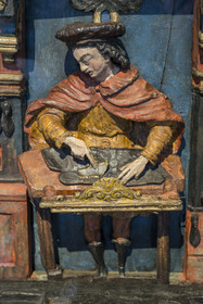 France, Paris, Marais district, Carnavalet Museum, shoemaker's sign formerly on rue Saint-Germain-l'Auxerrois dated 1593 and dedicated to Saint Crespin, representing the brotherhood and reference to the martyrs Crépin and Crépinien