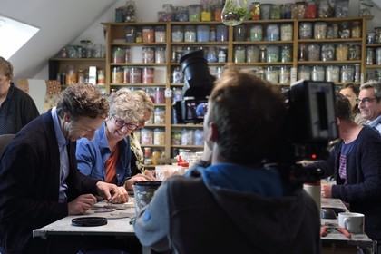 France, Yvelines, Montchauvet, shooting for the television of the Preferred Village of the French (Village Préféré des Français) with Stéphane Bern, Stéphane Bern with Laurence Pilo in the Ateliers Clairviane
