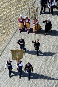 France, Finistere, Locronan, labelled Les plus Beaux Villages de France (The Most Beautiful Villages of France), return of the procession of the small Troménie at Saint Ronan church