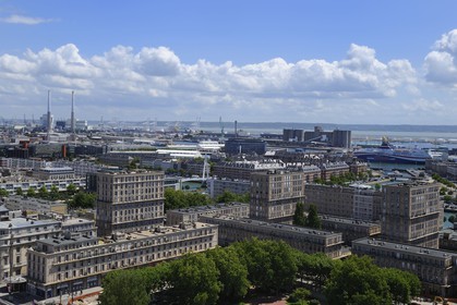 France, Seine Maritime, Le Havre, Downtown rebuilt by Auguste Perret listed as World Heritage by UNESCO, Perret buildings around the City Hall gardens and the port in the background