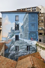 France, Charente, Angouleme, Boulevard Pasteur in the historic center, La fille des Remparts, painted wall from an original drawing by Max Cabanes and made by the Cité de la Création in 2004