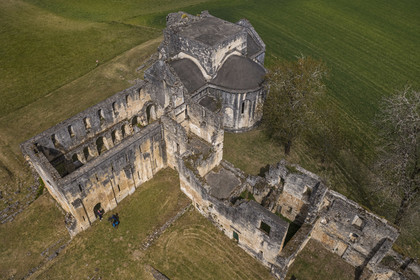 France, Dordogne, Perigord Vert, Villars, ruins of the Cistercian Abbey of Boschaud from the 12th century that belonged to the Abbey of Clairvaux (aerial view)