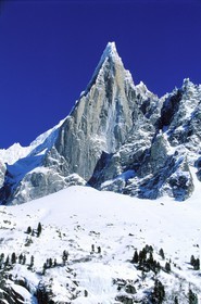 France, Haute-Savoie (74), vallée de Chamonix, la Mer de glace dans la Vallée Blanche, Mont-Blanc, l'Aiguille du dru au sommet de l'Aiguille verte