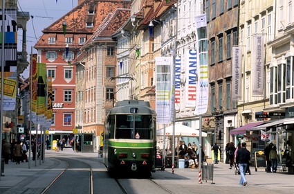 Austria, Styria, Graz, historic center listed as World Heritage by UNESCO, tramway on the Herrengrasse, main street