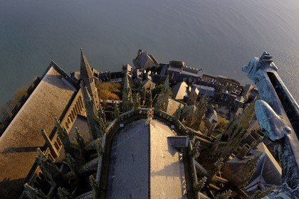 France, Manche, Mont Saint Michel, listed as World Heritage by UNESCO, Apse and the bay seen from the spire at dawn