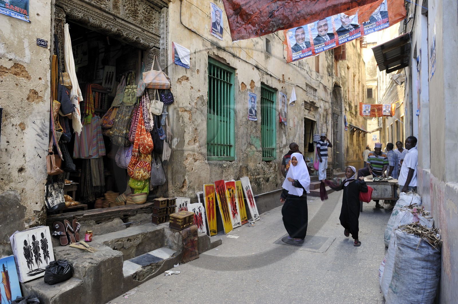 Tanzanie, archipel de Zanzibar, île de Unguja (Zanzibar), ville de Zanzibar, quartier Stone Town, classé Patrimoine Mondial de l' UNESCO, une ruelle de la vieille ville dans le quartier de Shangani