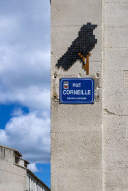France, Vaucluse, Avignon, crow in enamel to decorate the street sign of rue Corneille (crow in french) by the street artist Mifamosa