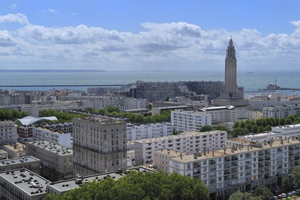 France, Seine Maritime, Le Havre, Downtown rebuilt by Auguste Perret listed as World Heritage by UNESCO, Perret buildings and the St. Joseph's Church in the background
