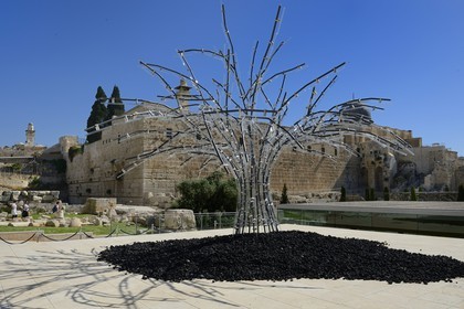 Israel, Jerusalem, holy city, the old town listed as World Heritage by UNESCO, the Temple Mount seen from the Davidson Center, west and south retaining walls of the Temple built by Herod the Great and the Al-Aqsa mosque, artwork The Tree of Zinorot from Yoav Khomsky
