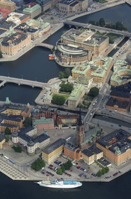 Sweden, Stockholm, Gamla Stan island (old town), island of Riddarholmen and the parliament (Riksdagshuet) in the background (aerial view)