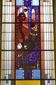 France, Allier (03), Vichy, the former Petit Casino and current Valery-Larbaud Cultural Center, Art Deco stained glass window by master glassmaker Francis Chigot representing the Comedy