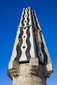 Spain, Catalonia, Barcelona, the Güell Palace (Palau Güell) built between 1886 and 1891 by the Catalan modernist architect Antoni Gaudi, a UNESCO World Heritage site, chimneys and ventilation towers on the roof terrace