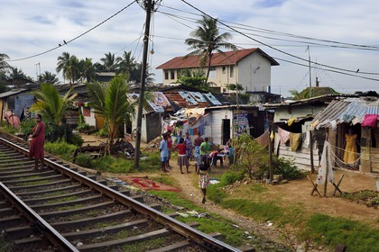 Sri Lanka, Western Province, Colombo, Mount Lavinia, train from Colombo to Galle, makeshift homes along the tracks