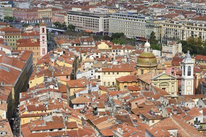 France, Alpes-Maritimes, Nice, Old Town, Sainte-Reparate (St. Reparata) cathedral right and the Clock Tower left